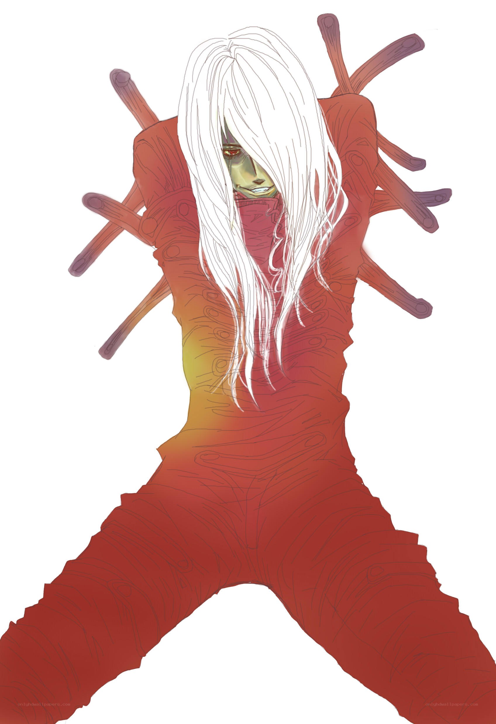 white-haired figure with red armor
