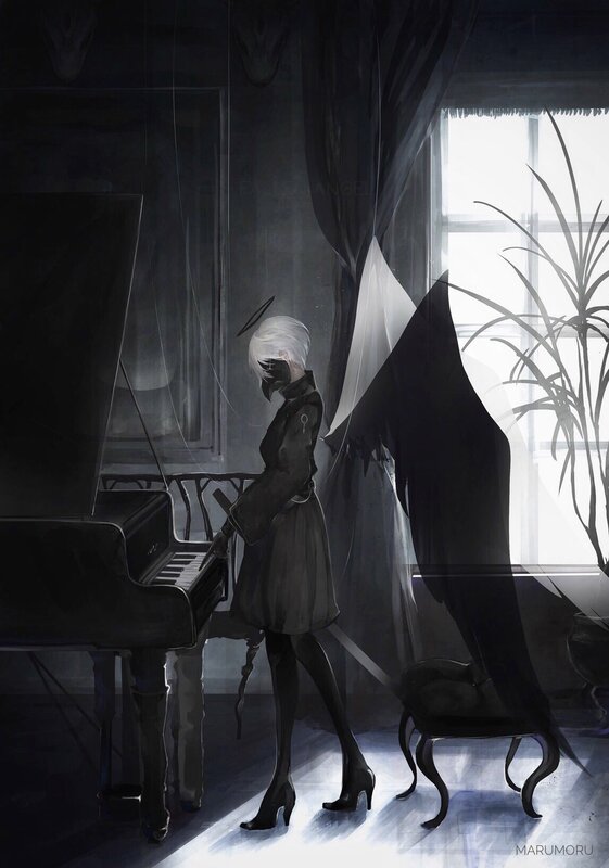 White-haired Figure with Wings — Black, Dramatic, Digital Art, Piano