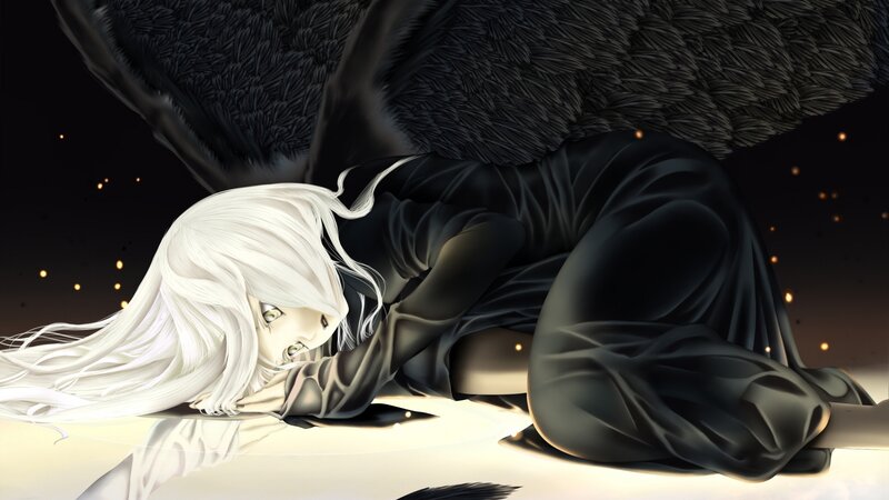 White-haired Figure with Wings — Black, Dramatic, Night