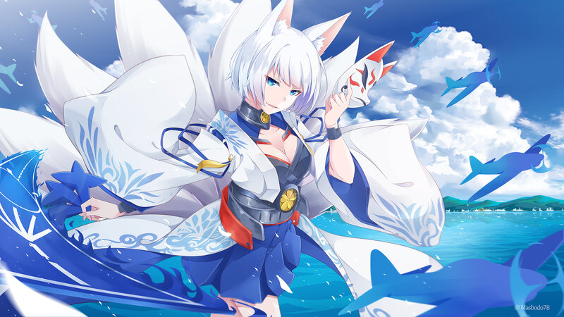 White-haired Fox Girl — Blue, Dynamic, Afternoon