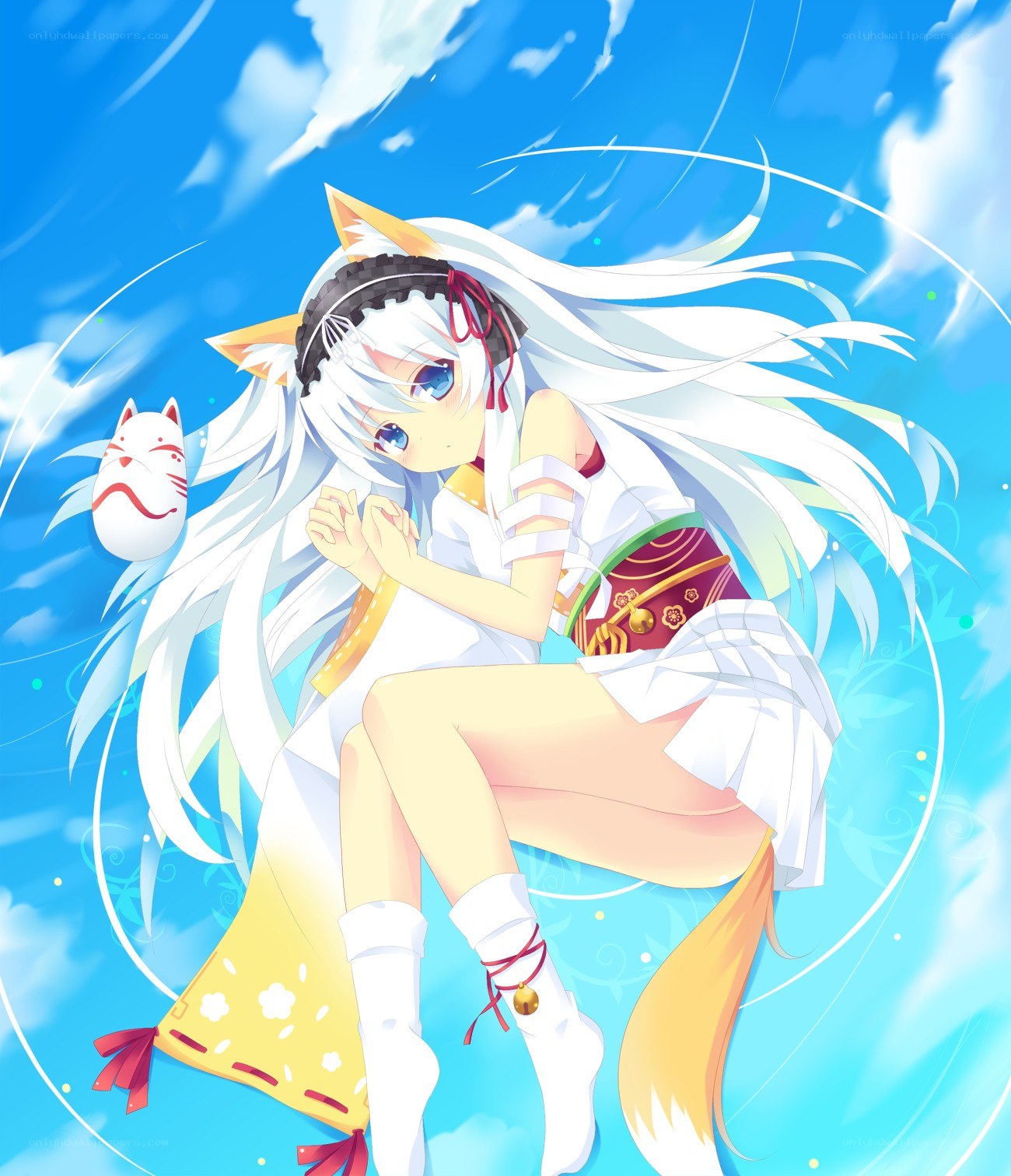 white-haired fox girl in sky