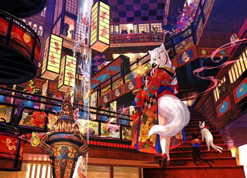 White-haired Fox Girl — Red, Festive