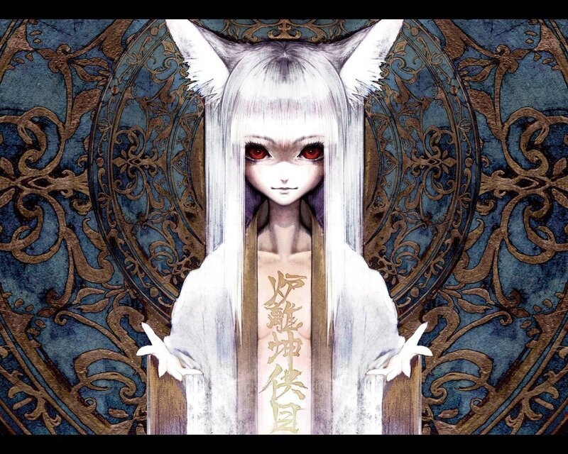 white-haired fox girl with red eyes