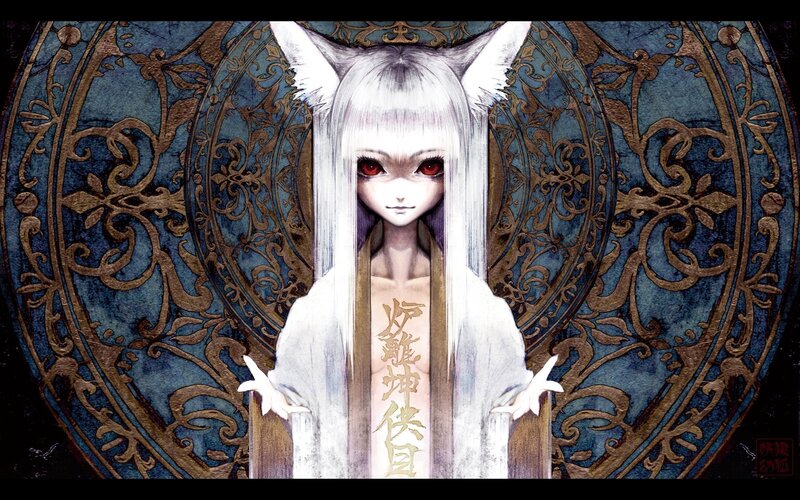 white-haired fox girl with red eyes