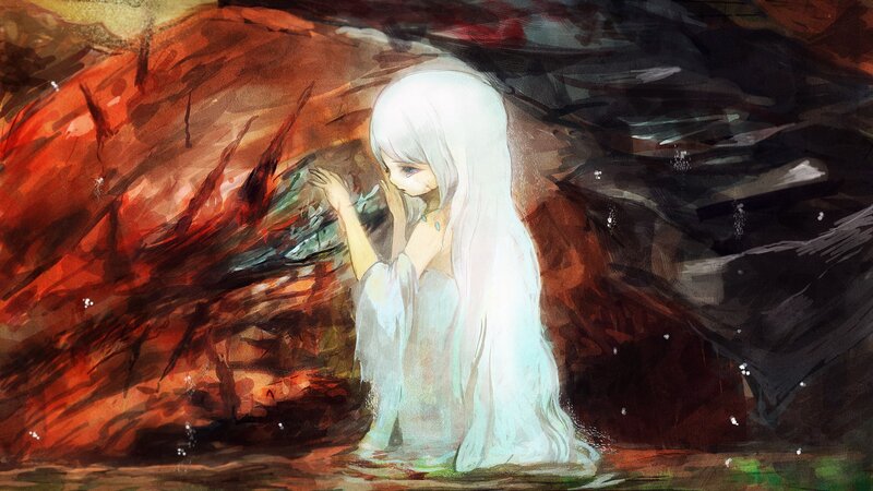 white-haired girl in a cave