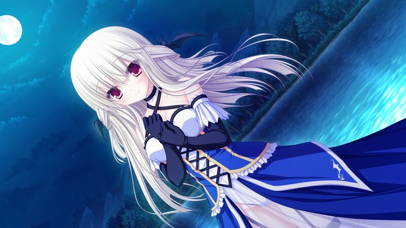 white-haired girl in blue dress