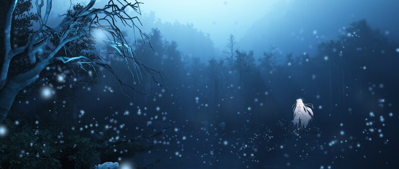 White-haired Girl in Forest — Blue, Serene, Misty