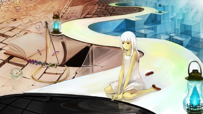 white-haired girl in surreal landscape