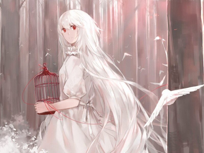 White-haired Girl with Birdcage