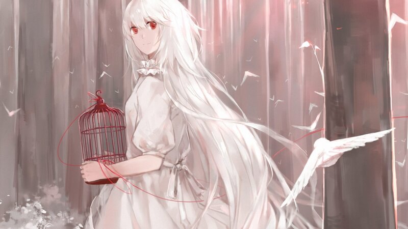 White-haired Girl with Birdcage — White, Serene