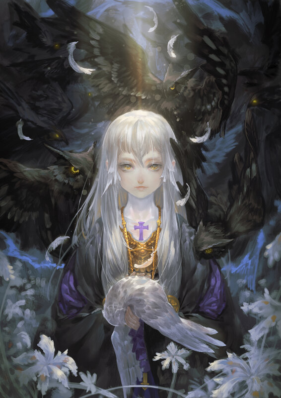White-haired Girl with Birds