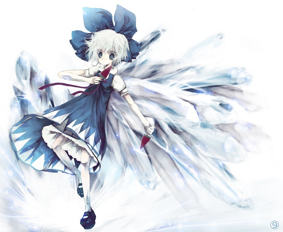 white-haired girl with blue bow