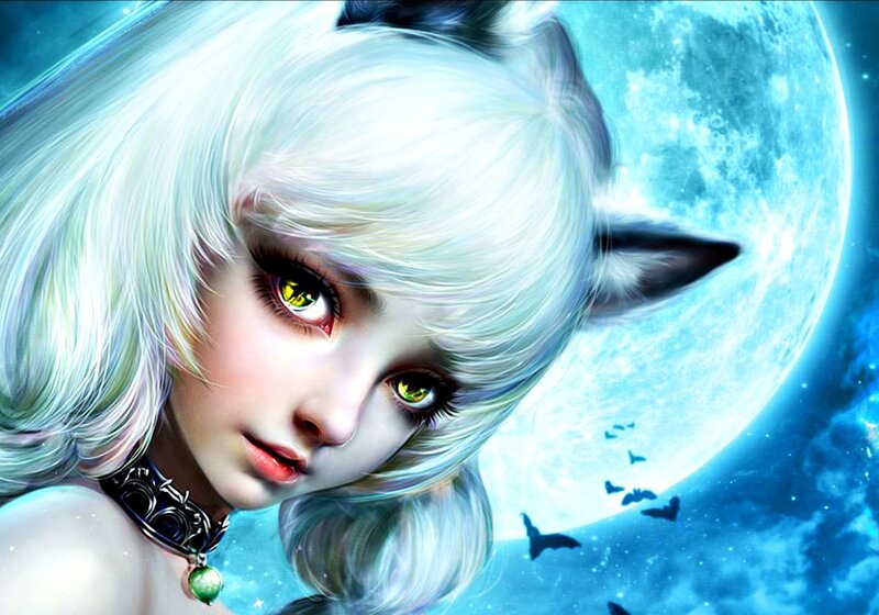 White-haired Girl with Cat Ears — Blue, Dramatic, Night