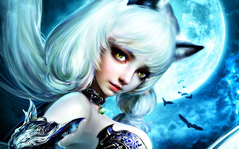 White-haired Girl with Cat Ears — Blue, Dramatic