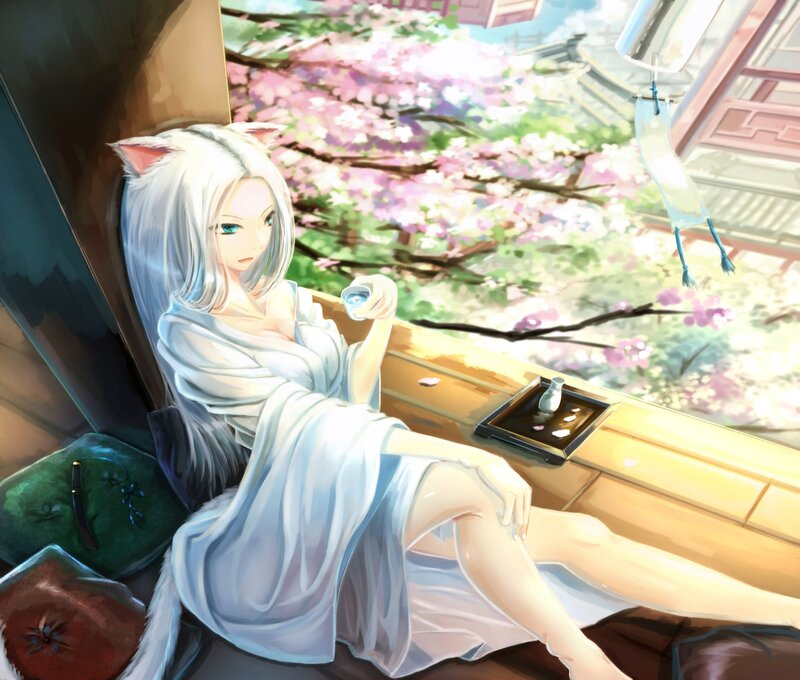 White-haired Girl with Cat Ears