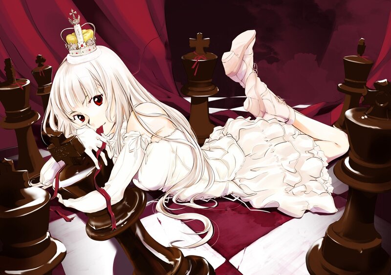 White-haired girl with chess pieces