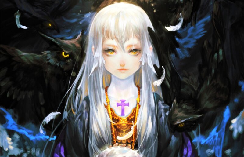 White-haired Girl with Crows — Black