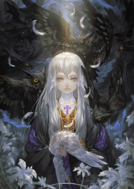White-haired girl with crows