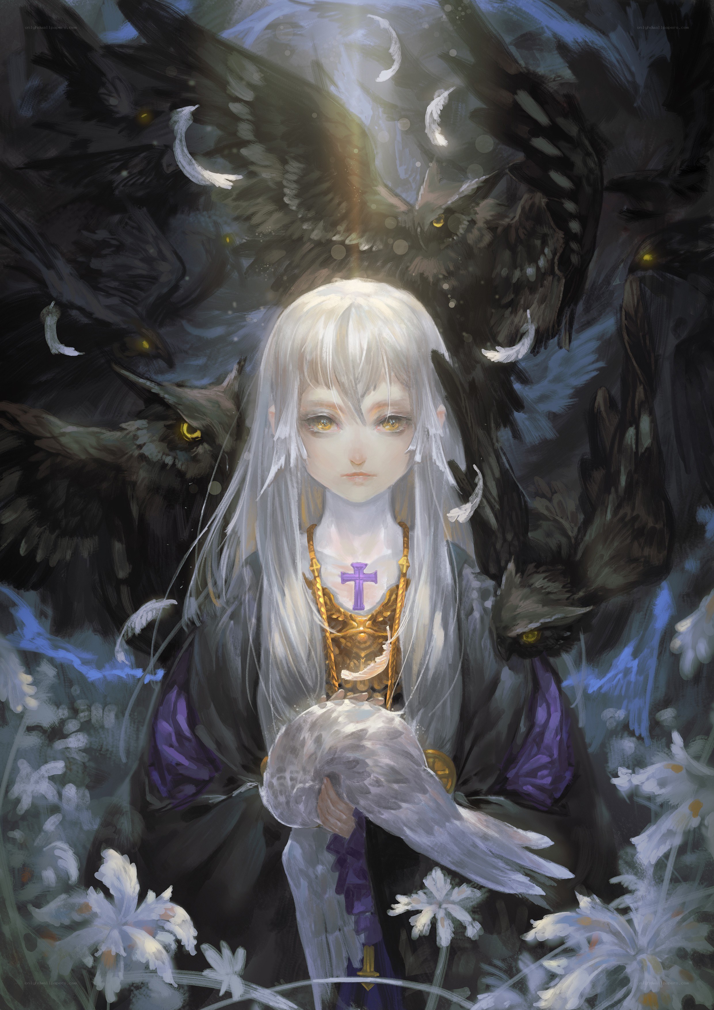 White-haired girl with crows