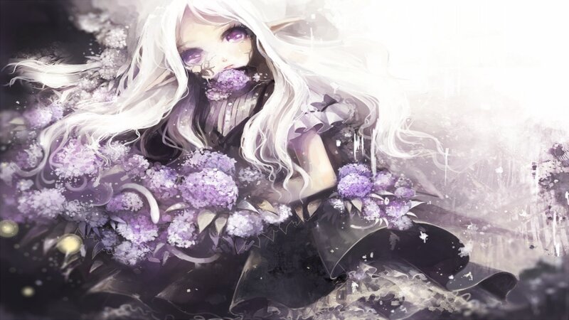 White-haired Girl with Flowers — Purple