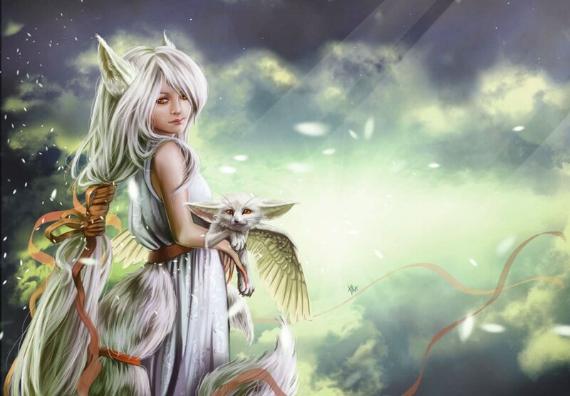 White-haired Girl with Fox — Green