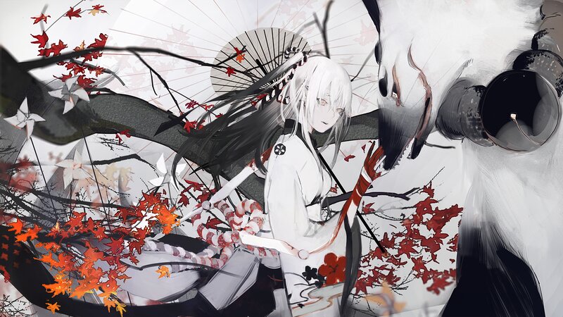 White-haired Girl with Fox — White, Dramatic