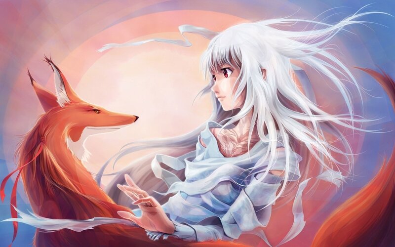 White-haired Girl with Fox — White, Serene