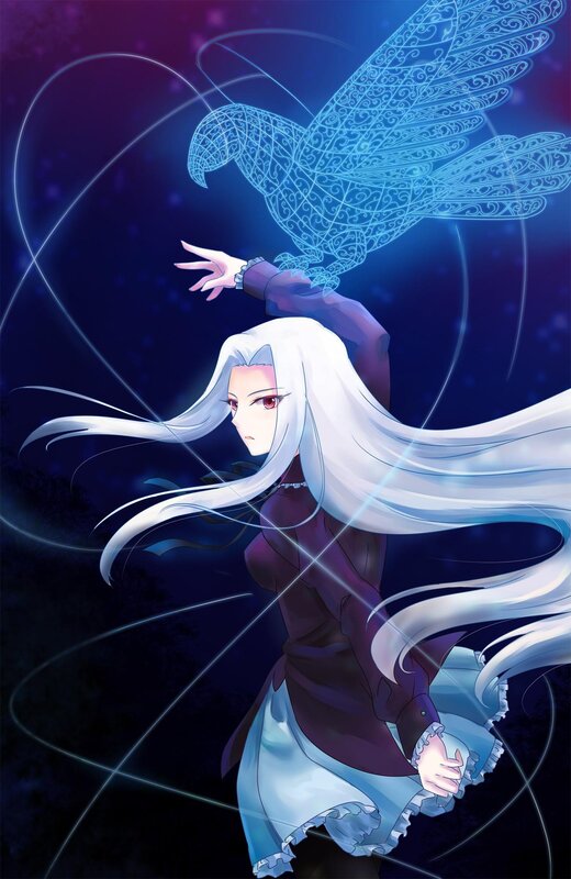 white-haired girl with glowing bird
