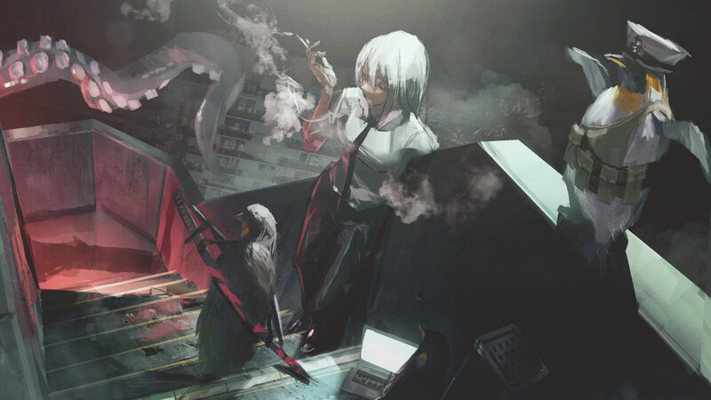 White-haired Girl with Penguins