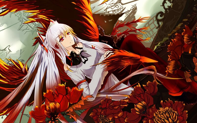 white-haired girl with phoenix wings