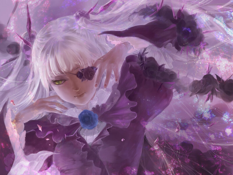 white-haired girl with roses