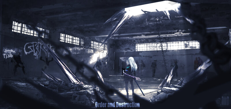 White-haired Girl with Staff — Blue, Dramatic