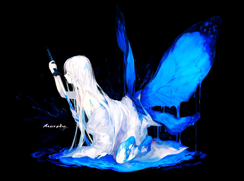 White-haired Girl with Sword — Black, Dramatic, Night