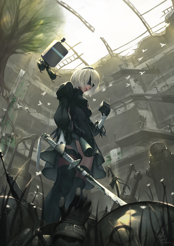 White-haired Girl with Sword — Black, Dramatic