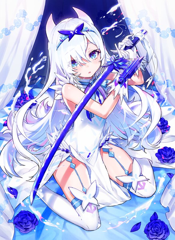 White-haired Girl with Sword — Blue, Dramatic