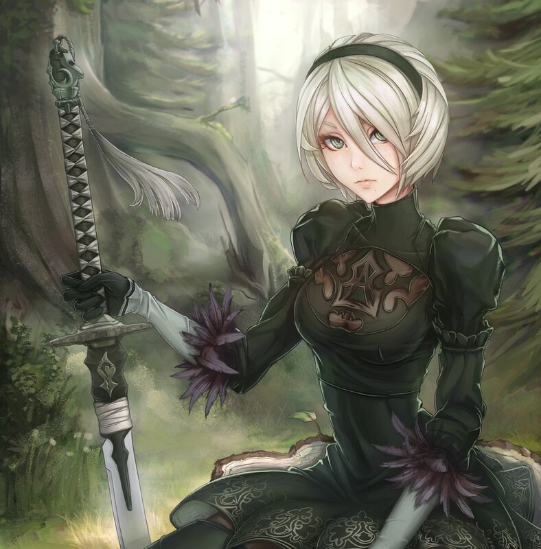 White-haired Girl with Sword — Green