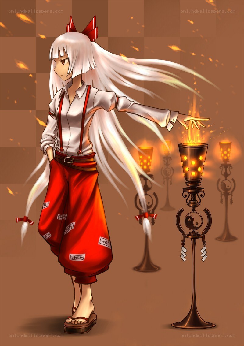 white-haired girl with torches