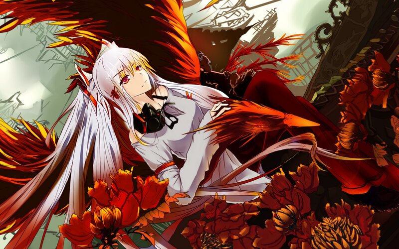 White-haired Girl with Wings — Red, Dramatic, Anime