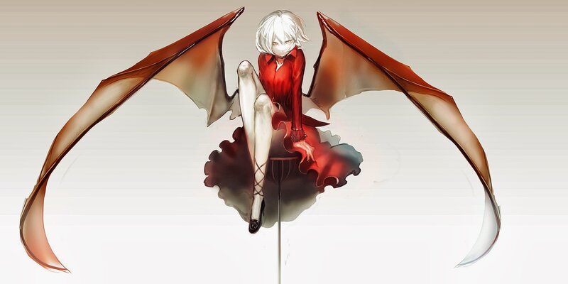 White-haired Girl with Wings — Red, Dramatic, Digital Art