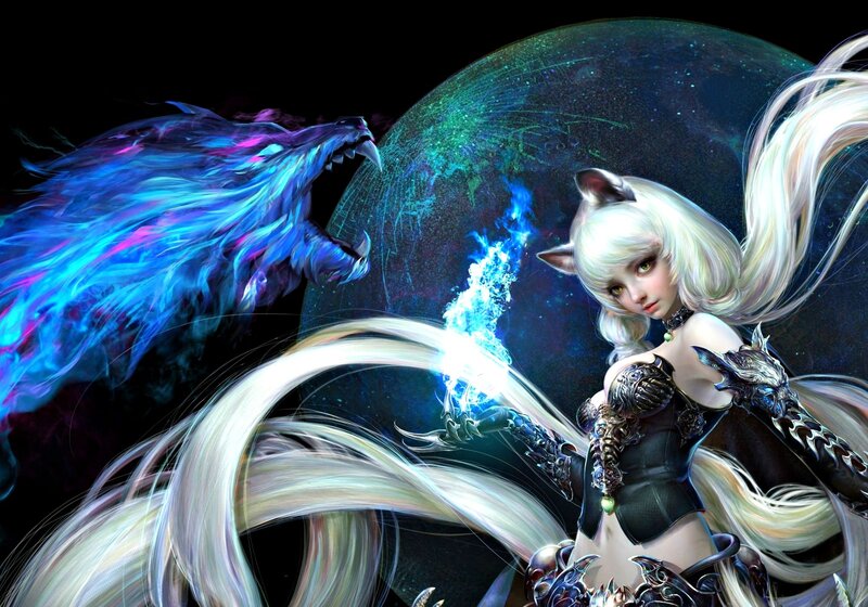 White-haired Girl with Wolf — Blue