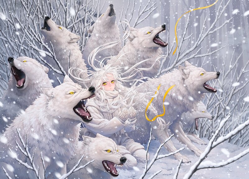 White-haired Girl with Wolves