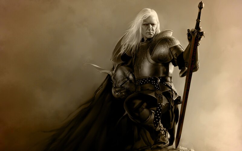 white-haired knight with sword