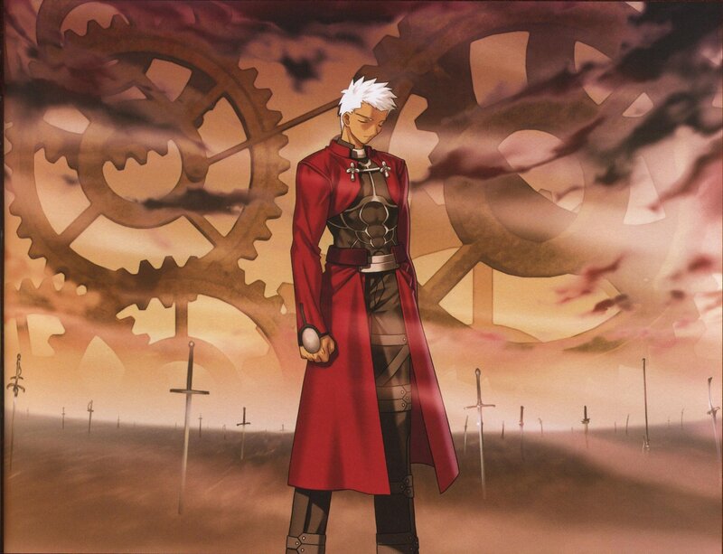 White-haired Man in Red Coat — Dramatic, Sunset, Anime, Swords