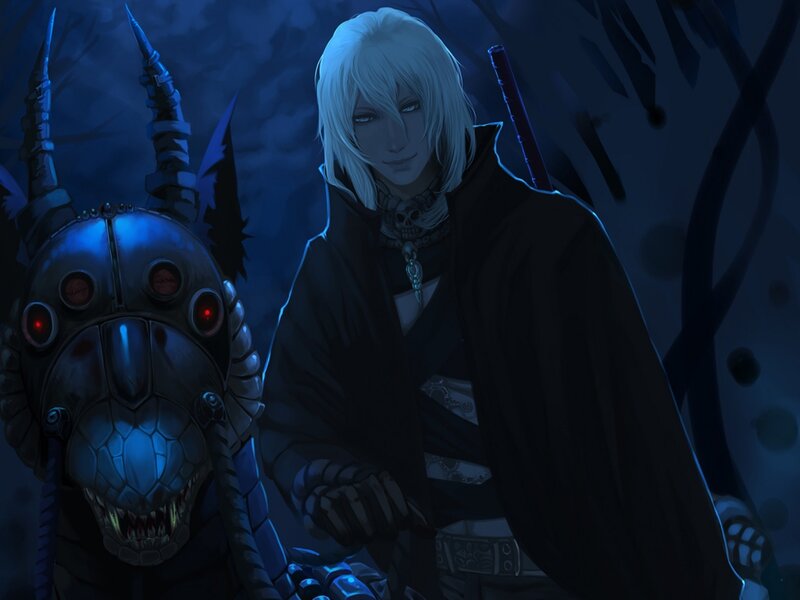 White-haired Man with Robotic Creature — Blue