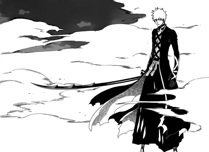 White-haired Man with Sword — Black, Dramatic, Manga, Clouds, Long Coat