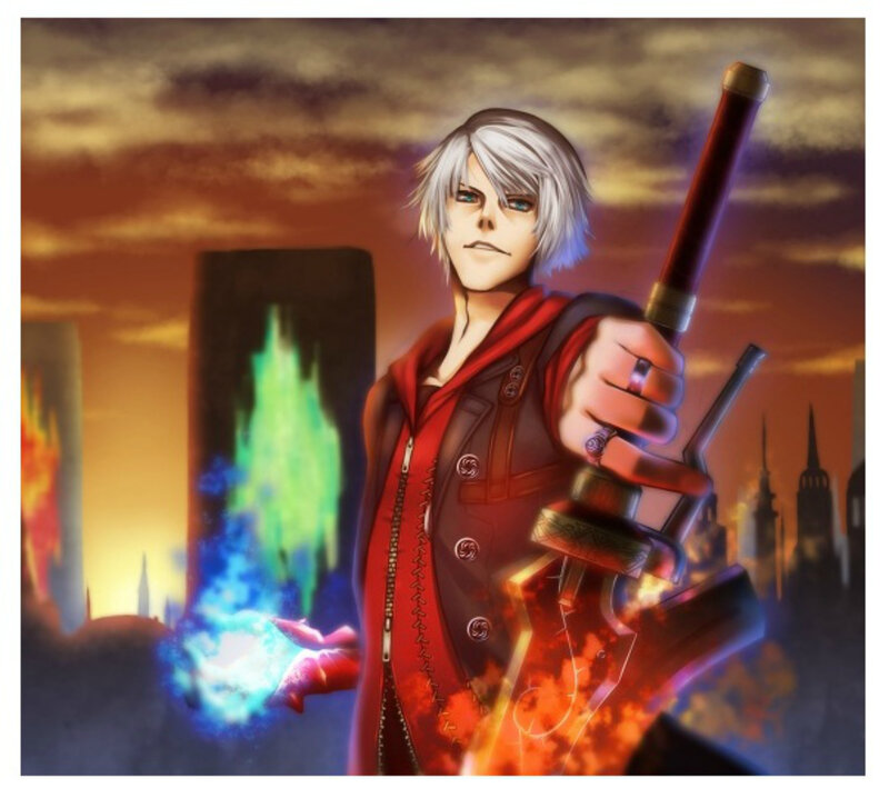 White-haired Man with Sword — Red, Dramatic, Sunset, Digital Art