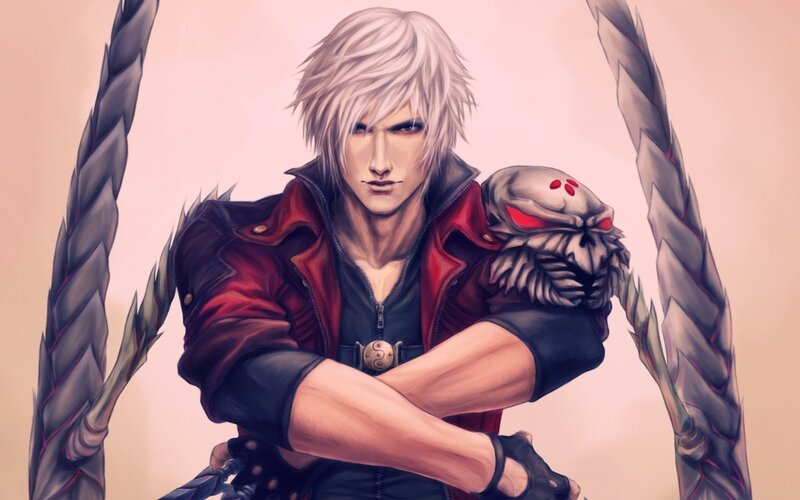 White-haired Man with Weapon — Red, Dramatic, Digital Art, Skull