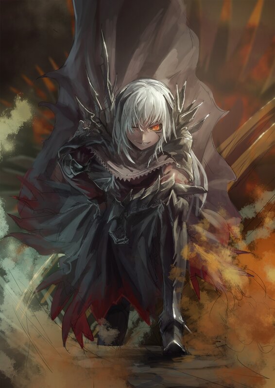 White-haired Warrior — Black, Dramatic, Digital Art, Fire
