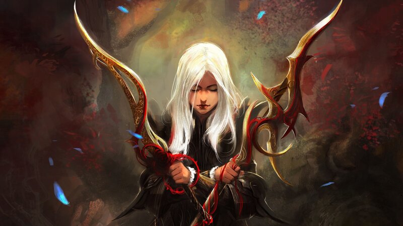 White-haired Warrior — Black, Dramatic, Digital Art, Swords