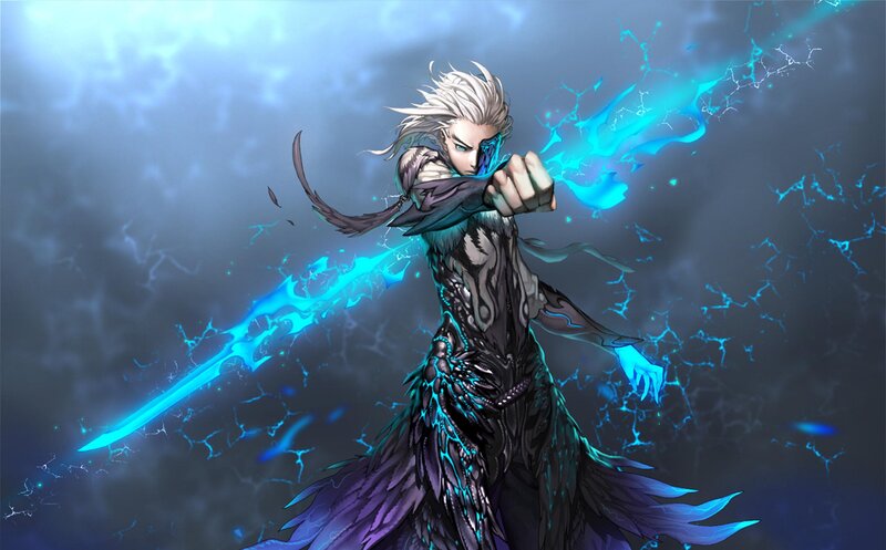 White-haired Warrior — Blue, Dramatic, Digital Art, Sword
